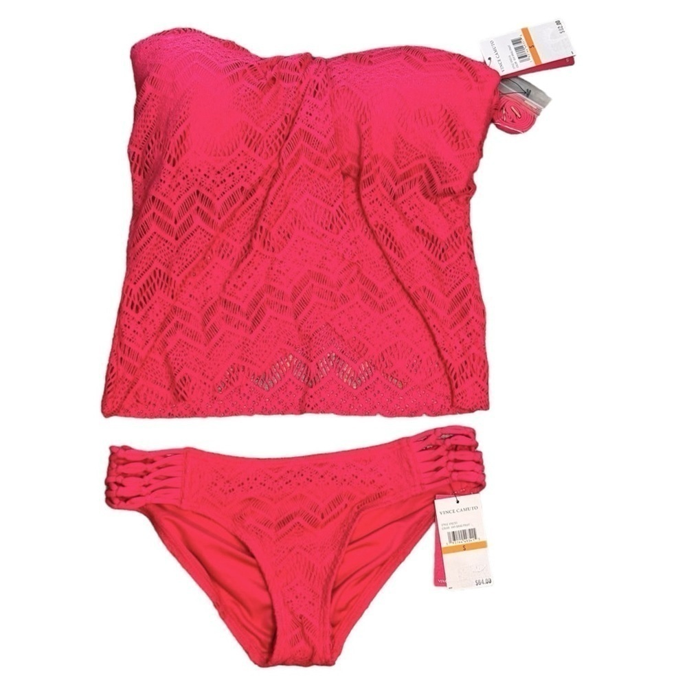 Vince Camuto Crochet Lace Draped Tankini Top Bikini Bottom in Dragonfruit NWT